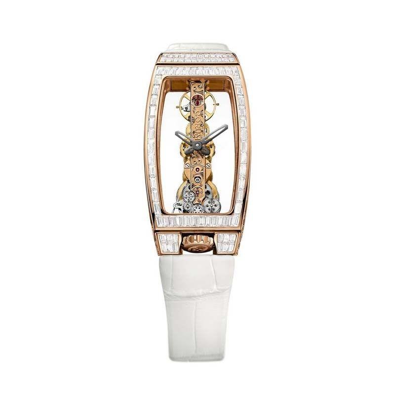 Miss Golden Bridge in Rose Gold with Bezel on White Leather Strap with Skeleton Dial