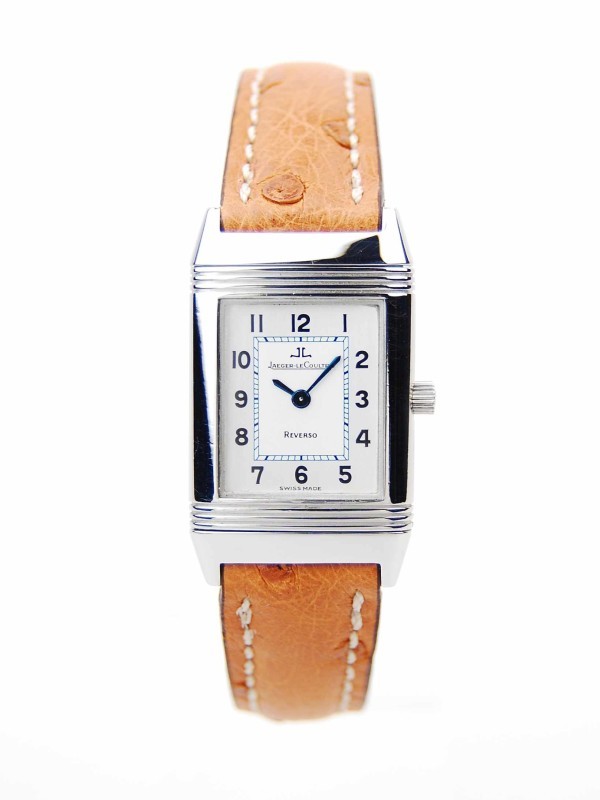Reverso 30mm in Steel on Brown Ostrich Leather Strap with Silver Arabic Dial