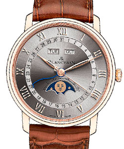 Villeret Quantieme Moon Phase and Complete Calendar 40mm in Rose Gold on Brown Crocodile Leather Strap with Grey Roman Dial