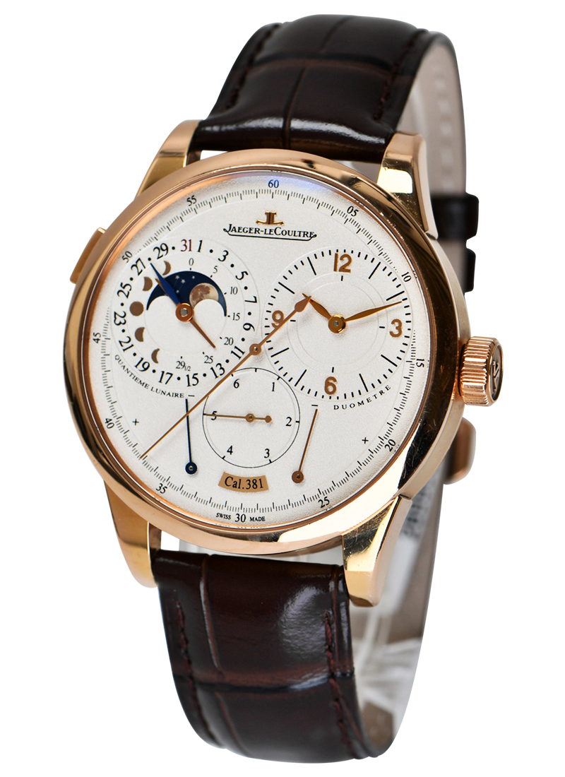 Duometre a Quantieme Lunaire in Rose Gold on Brown Crocodile Leather Strap with Silver Dial