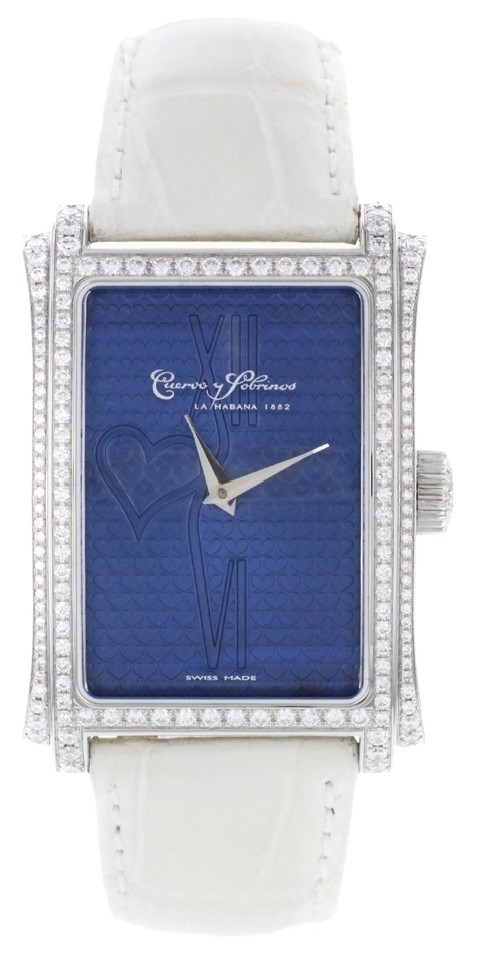 Sobrinos Habana Prominente 28mm Automatic in Steel with Diamond on White Leather Strap with Navy Blue Heart Ornaments Dial