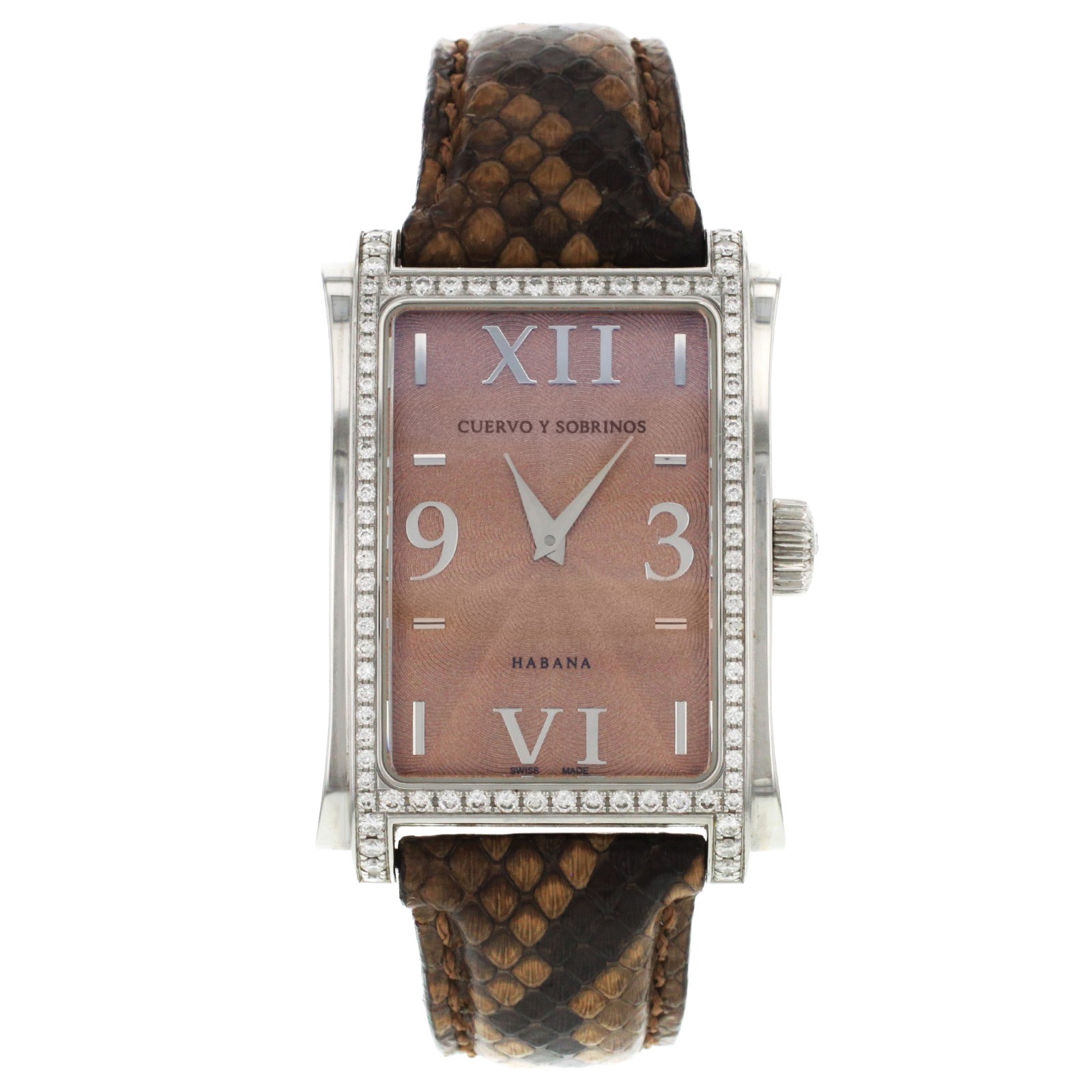 Sobrinos Habana Prominente 28mm Automatic in Steel with Diamond on Brown Snakeskin Leather Strap with Brown Roman Dial
