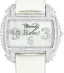 Classic Quartz in White Gold with Diamond Bezel on White Satin Strap with White Mother of Pearl Dial with Diamonds