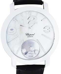 Happy Diamonds in White Gold on Black Leather Strap with Mother of Pearl Dial