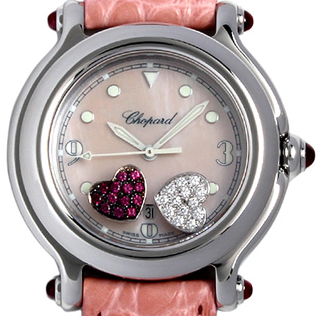 Happy Sport Hearts in Steel on Pink Leather Strap with Pink Mother of Pearl Dial