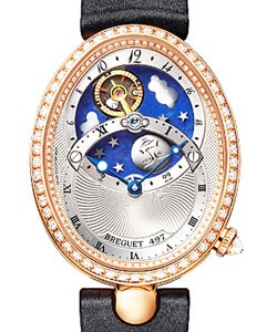 Reine de Naples in Rose Gold with Diamond Bezel on Black Satin Strap with Silver Guilloche Dial