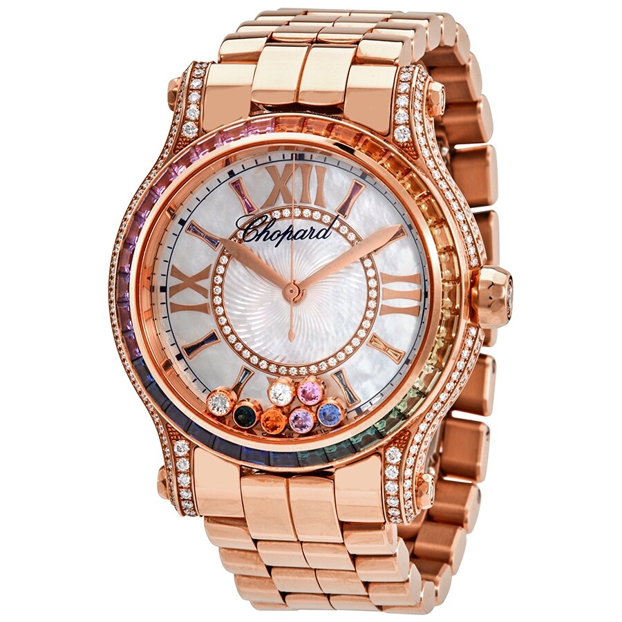 Happy Sport in Rose Gold with Diamond Bezel on Rose Gold Bracelet with Mother of Pearl and Diamonds Dial
