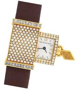 Arpels Secret Pavee in Yellow Gold with Diamond on Brown Satin Strap with MOP Roman Dial