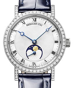 Classique Moonphase in White Gold with Diamond Bezel on Blue Leather Strap with Mother of Pearl Dial