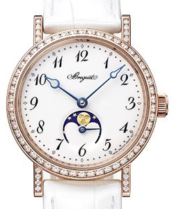 Classique Moonphase in Rose Gold with Diamond Bezel on White Leather Strap with White Dial