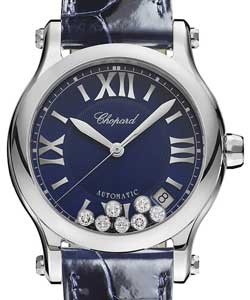 Happy Sport Medium in Steel on Blue Leather Strap with Blue Dial