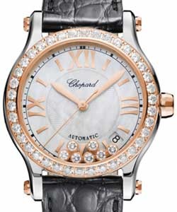Happy Sport Medium in Steel and Rose Gold Diamond Bezel on Black Crocodile Leather Strap with Silver Mother of Pearl Dial