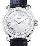 Happy Sport Round in Steel with Diamond Bezel on Blue Leather Strap with Mother of Pearl Dial