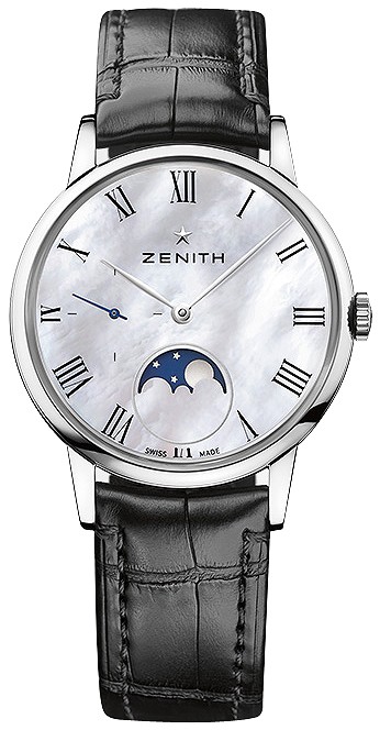 Elite Lady Ultra Thin Moonphase 36mm in Steel on Black Alligator Leather Strap with White MOP Roman Dial