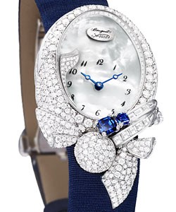 High Jewellery Timepiece in White Gold with Diamond Bezel on Blue Satin Strap with Mother of Pearl Dial
