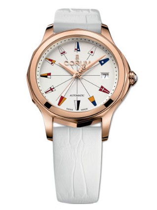 Admirals Cup Legend in Rose Gold on White Leather Strap with White Dial