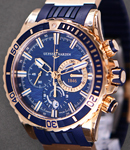 Marine Diver Chronograph 44mm in Rose Gold On Blue Rubber Strap with Blue Hammerhead Shark Dial