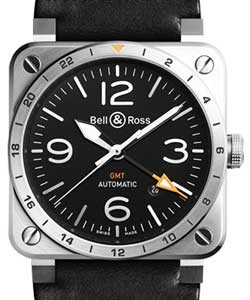 BR03-93 GMT in Steel On Black Leather Strap with Black Dial