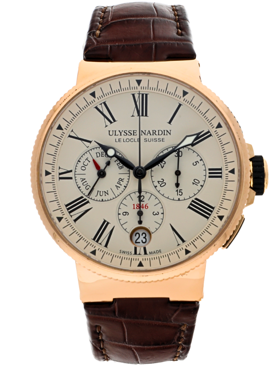 Marine Chronograph Annual Calendar in Rose Gold on Black Alligator Leather Strap with Eggshell and Cream Dial