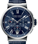 Marine Chronograph Annual Calendar 43mm in Steel On Blue Alligator Strap with Blue with Silver Roman Dial