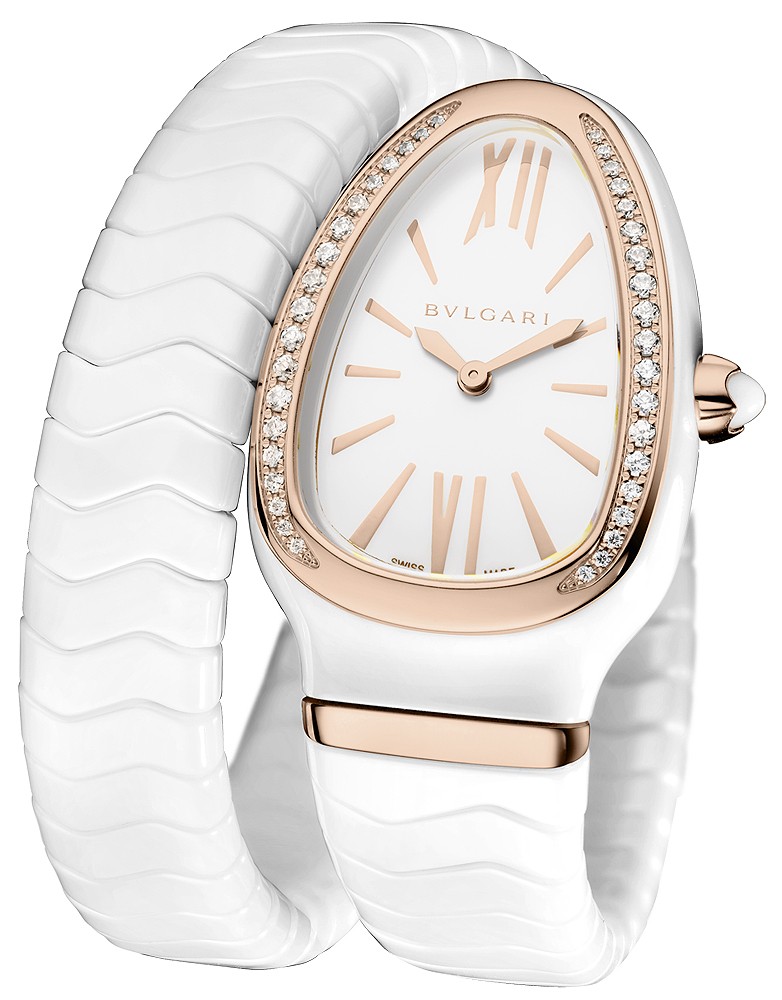 Serpenti Spiga in Ceramic with Rose Gold Diamond Bezel on Spiral White Ceramic Bracelet with White Dial