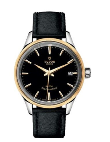 Style Series in Steel with Yellow Gold Bezel on Black Leather Strap with Black Dial