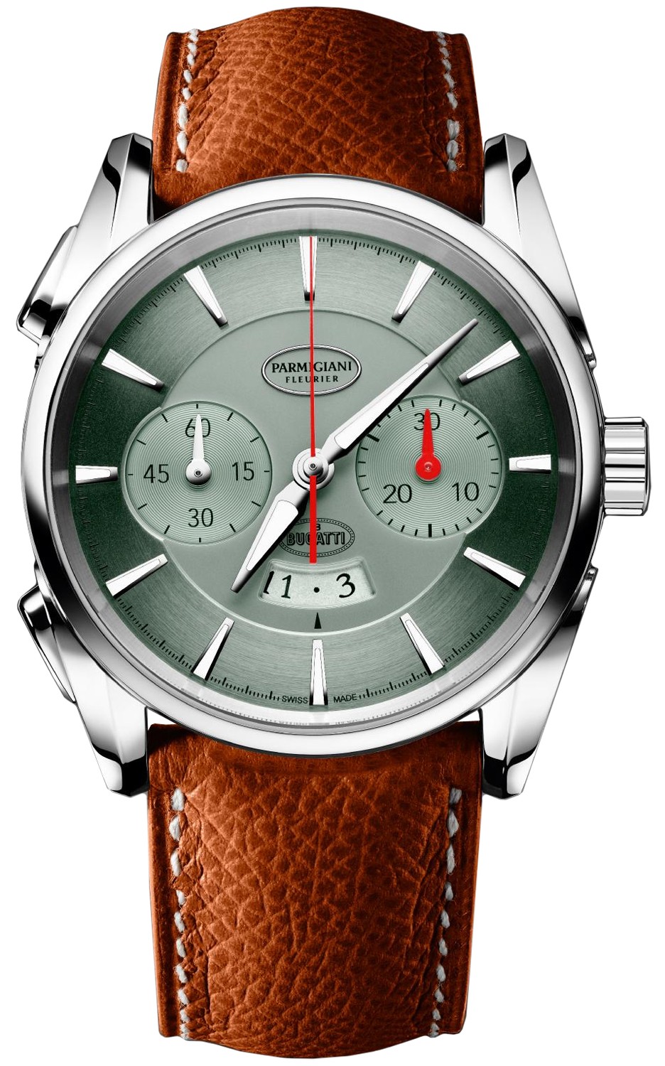 Bugatti Aerolithe Flyback Chronograph in Titanium and White Gold on Brown Calfskin Leather Strap with Pale Mint Green Dial