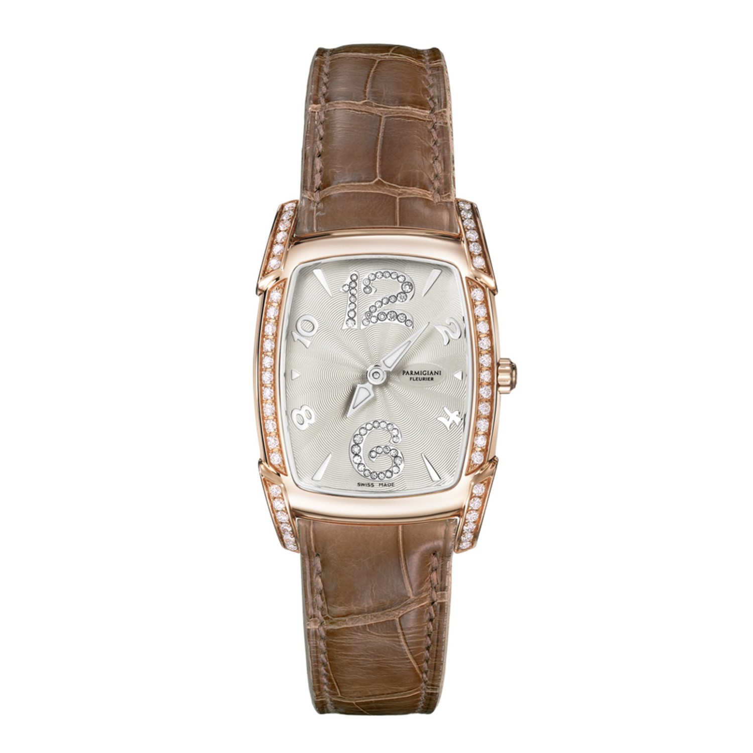Kalpa Piccola 29.5mm in Rose Gold with Diamond Bezel on Brown Alligator Strap with Ivory Sunray Diamond Dial