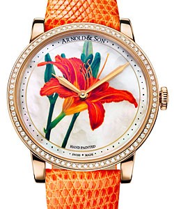 HM Flowers 40mm in Rose Gold with Diamonds Bezel on Orange Lizard Leather Strap with White MOP Dial