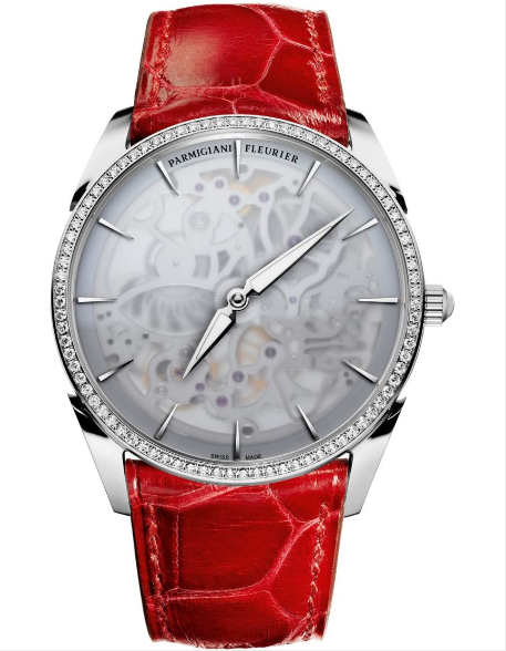 Tonda 1950 Squelette 39mm in White Gold with Diamond Bezel on Red Alligator Leather Strap with Skeleton Dial