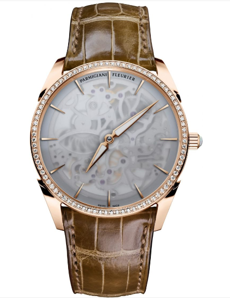 Tonda 1950 Squelette 39mm in Rose Gold with Diamond Bezel on Brown Alligator Leather Strap with Skeleton Dial