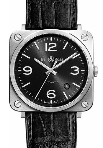 BR-S Office in Steel on Black Leather Strap with Black Dial