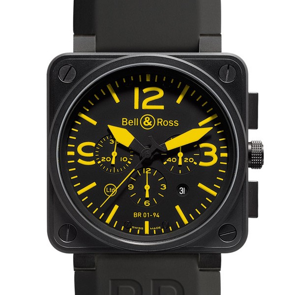 BR 01-94 Chronograph in PVD Steel on Black Rubber Strap with Black and Yellow Index  Dial