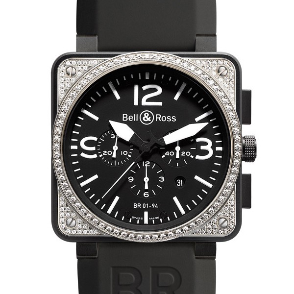 BR 01-94 Chronograph in Black Carbon with Dimaond Bezel on Black Rubber Strap with Black Dial