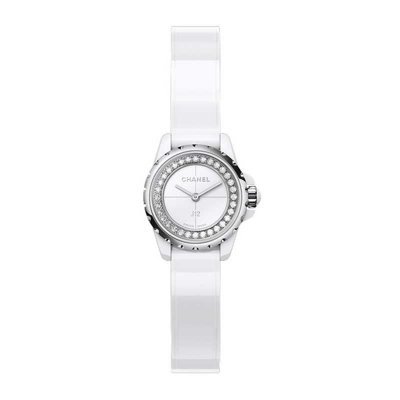 Chanel J12 19mm in White Ceramic and Diamonds with Steel Bezel