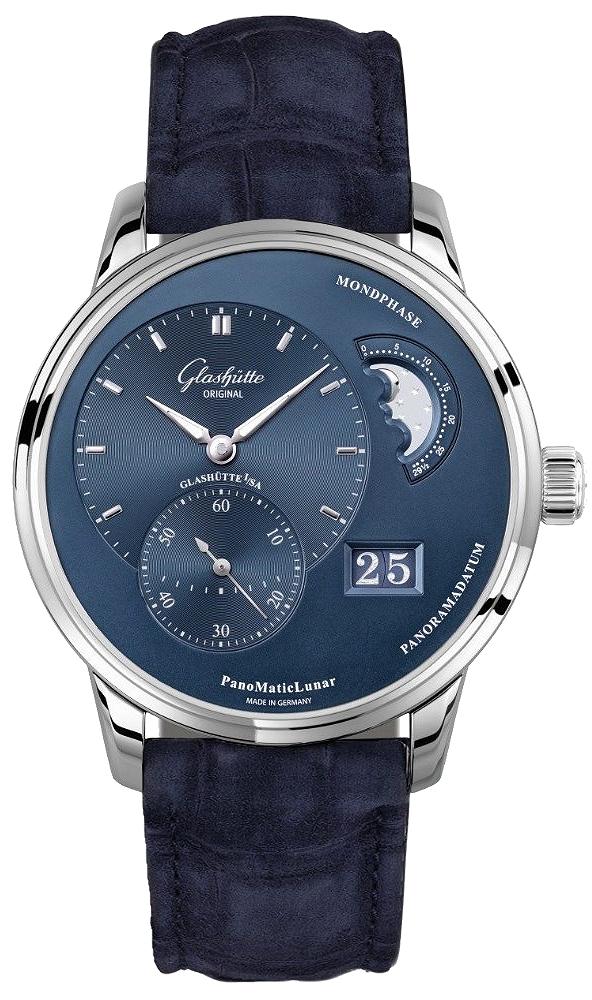 PanoMaticLunar Original 40mm Automatic in Steel on Blue Crocodile Leather Strap with Blue Dial