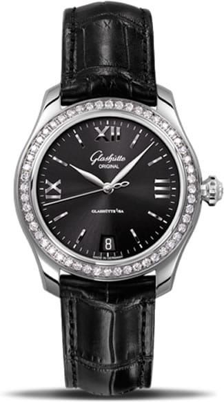 Serenade Lady in Steel with Diamond Bezel on Balck Crocodile Strap with Black Galvanised Dial