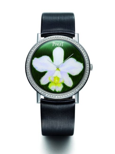 Antiplano Diamond White Orchid in White Gold with Diamond Bezel on Black Satin Strap with Green- White Orchid Flower Dial