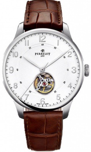 First Class Open Heart 42.5mm Automatic in Steel on Brown Alligator Leather Strap with White Arabic Dial