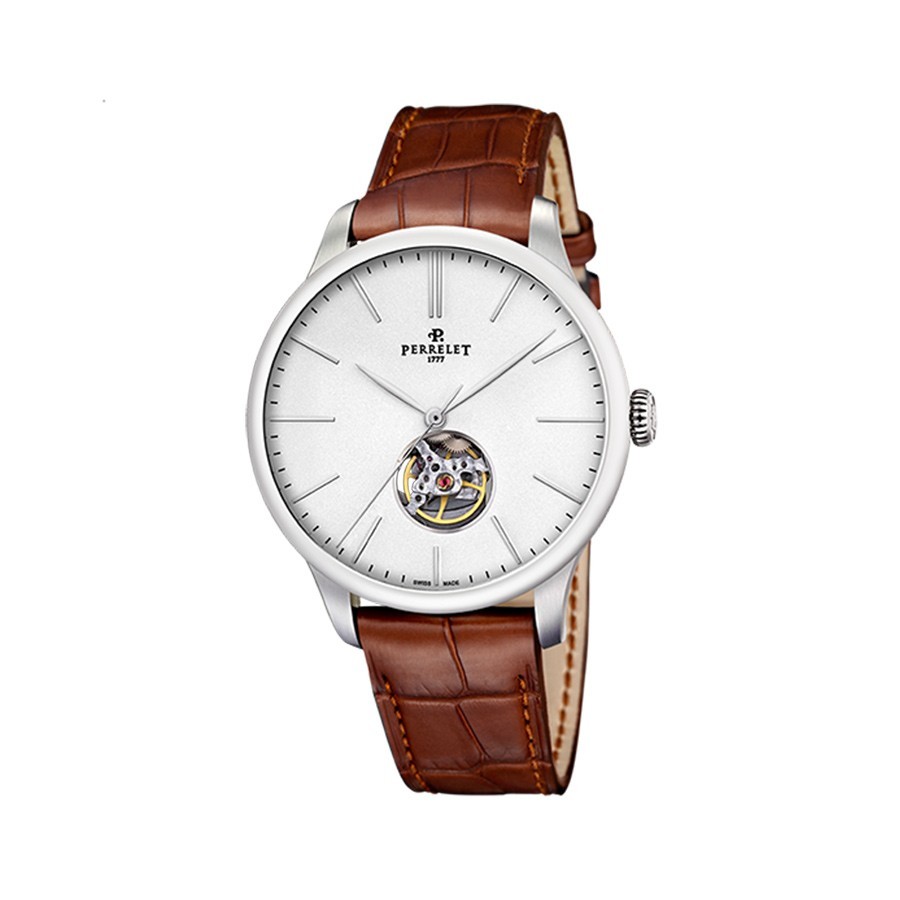 First Class Open Heart 42.5mm Automatic in Steel on Brown Alligator Leather Strap with White Stick Dial