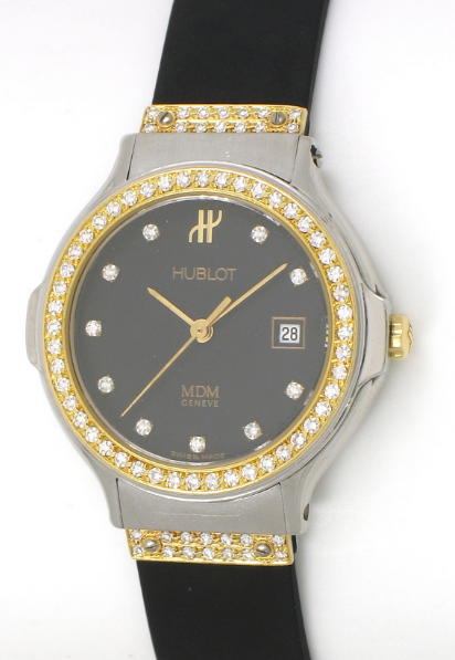 Classic Ladies 28mm in Steel with Yellow Gold Diamond Bezel on Black Rubber Strap with Black Diamond Dial