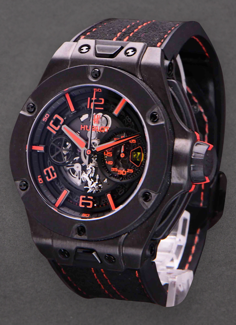 Hublot Big Bang Unico Ferrari 45mm Automatic in Carbon - Limited to 500 Pieces on Black Alcantara Rubber with Red Stitching Strap with Skeleton Dial
