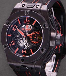 Big Bang Unico Ferrari 45mm Automatic in Carbon - Limited to 500 Pieces on Black Alcantara Rubber with Red Stitching Strap with Skeleton Dial