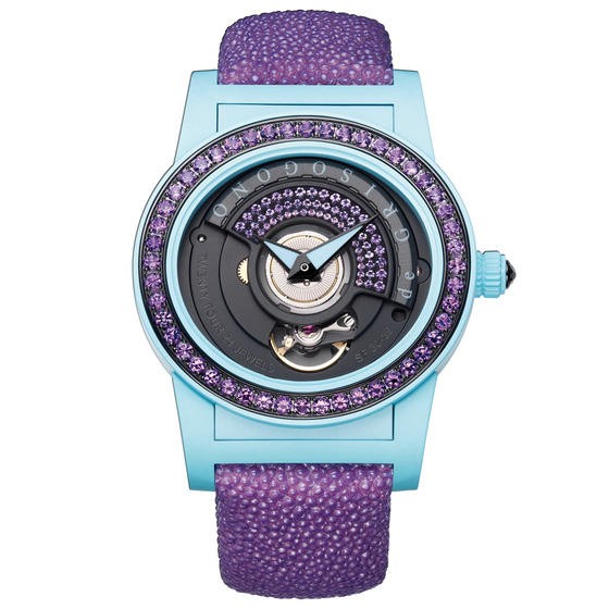 Tondo by Night in Fiberglass and Composite with Steel and PVD Gemstone Bezel On Purple Galuchat Strap with Multi Color Dial