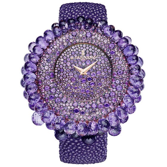 Grappoli S04 in Rose Gold with Gemstone Bezel on Purple Galuchat Stap with Paved Amethyst Stones Dial