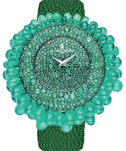 Grappoli S01 in White Gold with Emeralds and Boasts Numerous on Green Galuchat Stap with Green Paved  Emeralds Dial
