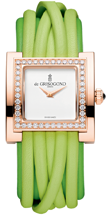 Allegra in Rose Gold with White Diamond Bezel on Anise & Lime Green Leather Strap with White Lacqered Dial