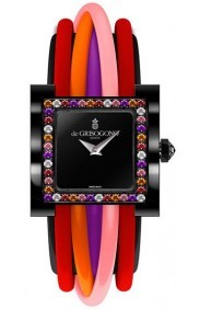 Allegra S12 in Black PVD Steel with White,Orange,Pink Sapphires on Multicoloured Leather Strap with Black Lacquered Dial