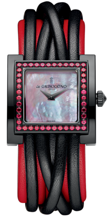 Allegra Acier S04 in Black PVD Coated Steel with Spinels on Black and Santa Claus Red Leather Strap with Red MOP Dial