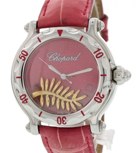 Happy Star Festival De Cannes in Steel with Bezel on Pink Leather Strap with Pink Dial